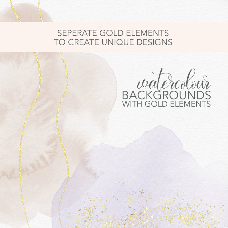 PNG Watercolour Backgrounds with Individual Gold Elements | Clipart for Wedding, Christening, Bridal Shower Invitations