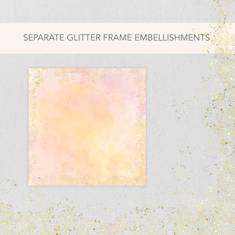 Blended Watercolour Backgrounds | 4 Beautiful PNG and PDF Colours | Glitter Border Frame Elements |