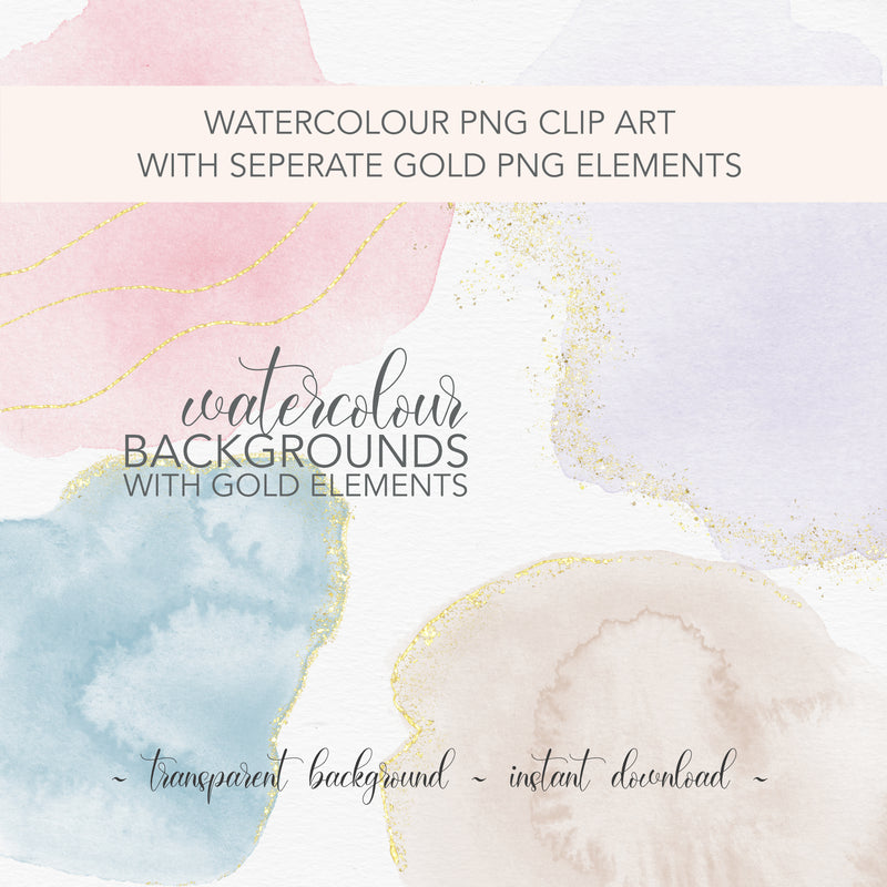 PNG Watercolour Backgrounds with Individual Gold Elements | Clipart for Wedding, Christening, Bridal Shower Invitations