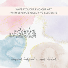 PNG Watercolour Backgrounds with Individual Gold Elements | Clipart for Wedding, Christening, Bridal Shower Invitations