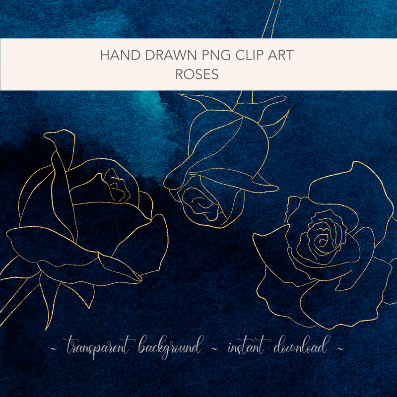 Gold Roses PNG Clip Art | 5 Hand Drawn Roses | Flower Illustrations | Wedding, Baptism drawings | Commercial Usage |