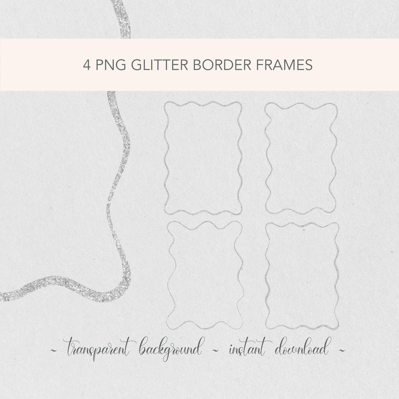 Silver Wavy PNG Clip Art Frames | Wedding Invitation Border | Glitter Frame Illustrations | Birthday DIY Glitter Frame Decorative