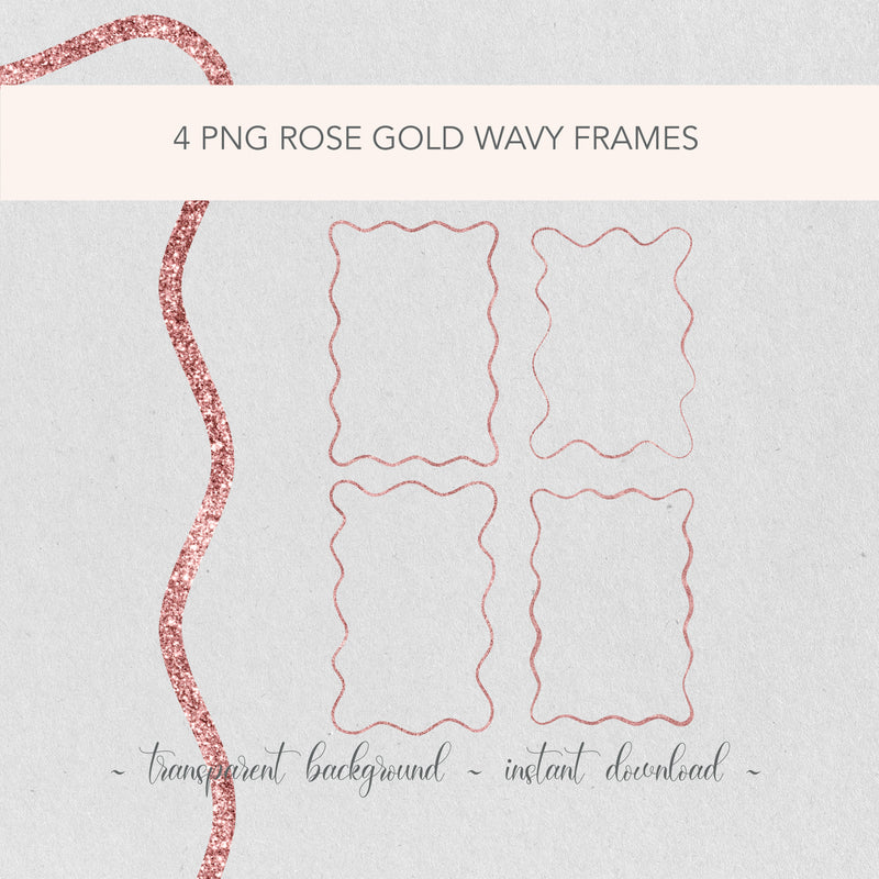 Rose Gold Wavy PNG Clip Art Frames | Wedding Invitation Border | Glitter Frame Illustrations | Birthday DIY Glitter Frame Decorative