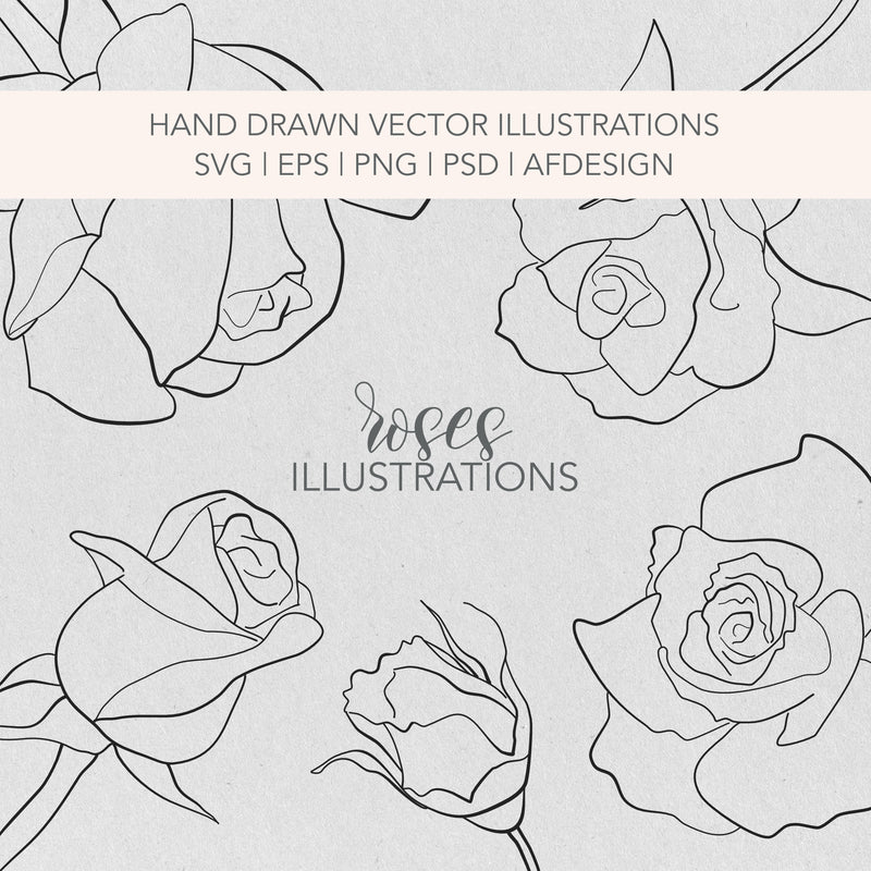 Vector Fine Line Editable Roses SVG Drawings | 5 Individual Files SVG | Transparent Background | Wedding Stationery Illustration |