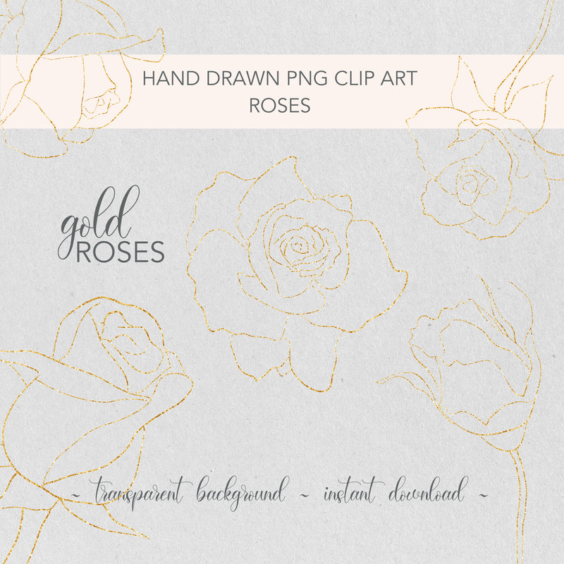 Gold Roses PNG Clip Art | 5 Hand Drawn Roses | Flower Illustrations | Wedding, Baptism drawings | Commercial Usage |