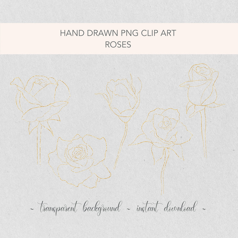 Gold Roses PNG Clip Art | 5 Hand Drawn Roses | Flower Illustrations | Wedding, Baptism drawings | Commercial Usage |
