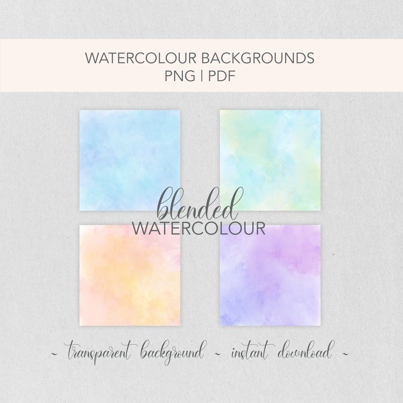 Blended Watercolour Backgrounds | 4 Beautiful PNG and PDF Colours | Glitter Border Frame Elements |